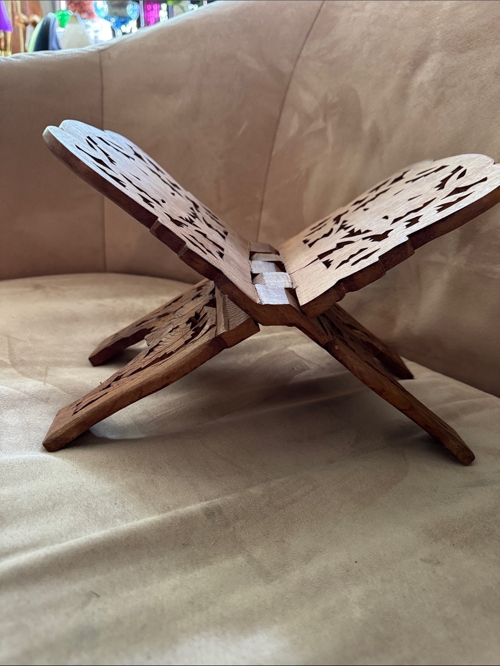Vintage Hand Carved Wood Folding Book Rack Magazine Holder India